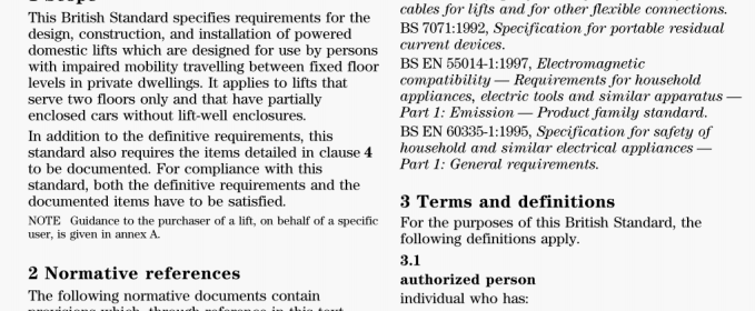 Specification for powered domestic lifts with partially enclosed cars and no lift