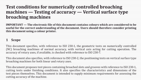 Test conditions for numerically controlled broaching machines